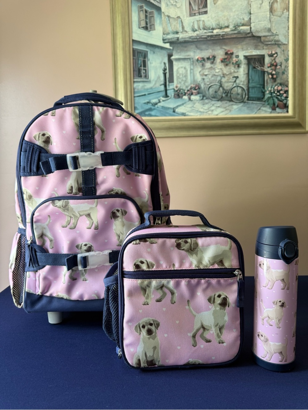Pottery Barn Kids Rolling Backpack Lunch Box Bottle Labrador Puppy Pink Set